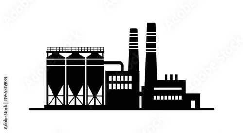 Industrial Factory Silhouette Icon - Modern Manufacturing Plant and Power Station Vector Illustration on White Background