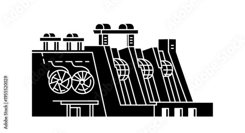 Hydroelectric Dam Power Plant Vector Icon - Sustainable Renewable Energy Industry Symbol - Isolated Black and White Illustration of Water Turbine Generation Facility