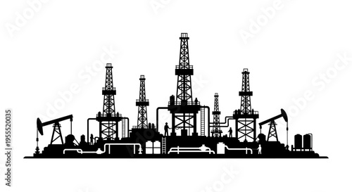 Industrial Oil Rig and Refinery Silhouette - Petroleum Drilling Station with Workers and Pumpjacks