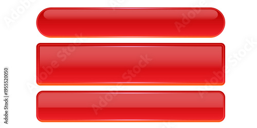 Red wide glossy web buttons set. Collection of blank 3D glass red headers buttons for UI and UX design. Shiny scarlet interactive elements isolated on white background. Vector illustration