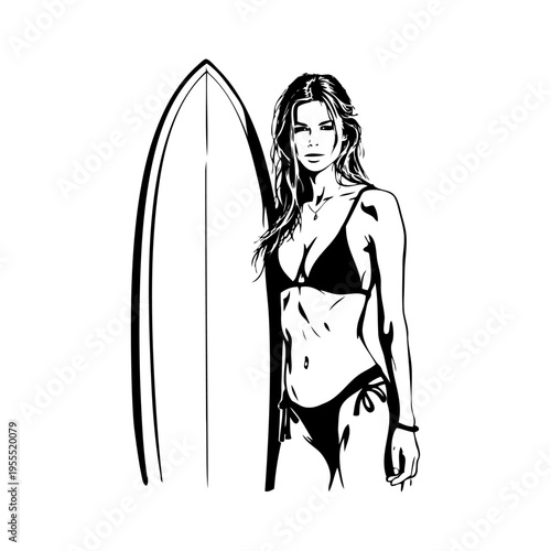 Vacaciones en la playa. Logo club de surf. Dibujo con líneas de una mujer sexy con bikini, de pie con una tabla de surf