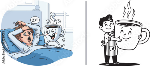 Cartoon vector of a cheerful anthropomorphic coffee mug waking a tired person in bed, next to an illustration of a man happily hugging a giant coffee cup.