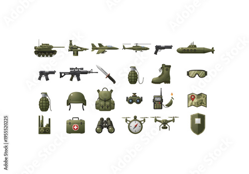Military army equipment and vehicles icons set green png on transparent background
