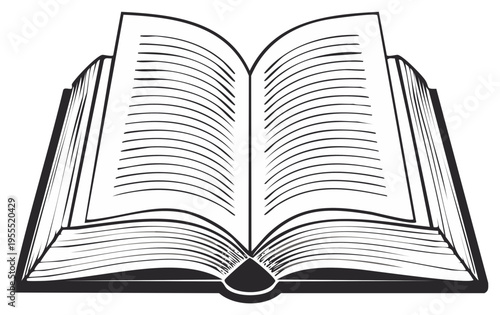 Open Book Showing Blank Pages With Black Outline Illustration on White Background
