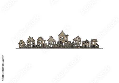Ruined destroyed houses city skyline png on transparent background