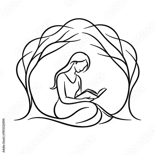Woman Reading Book Under Tree – Minimalist Line Art Illustration
