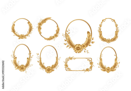 Gold metallic floral oval wreath set png on transparent background