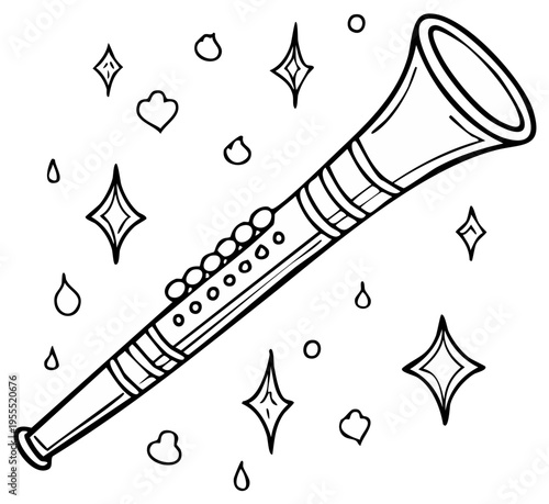 Clarinet illustration with sparkles and hearts for coloring book page, jazz music outline icon for graphic designs, concert elements.