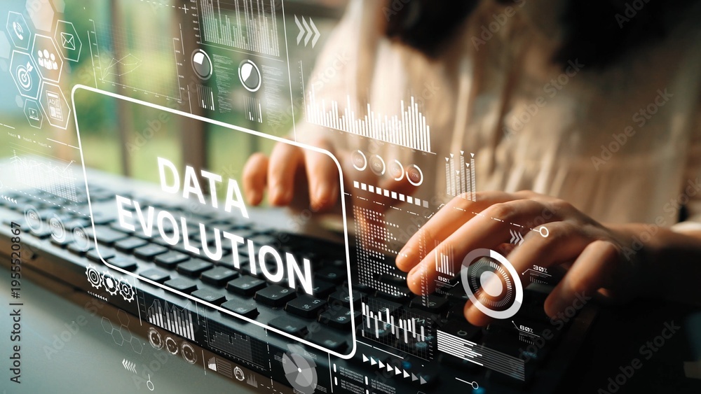 Fototapeta premium Modern hands typing on keyboard with digital data evolution graphics in background showcasing technology progression. Asymptotic smart data analytic.