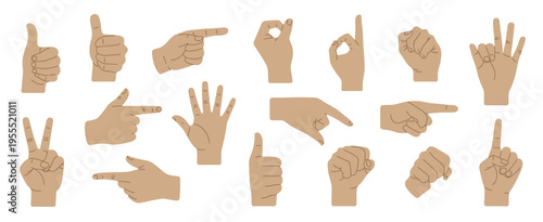 hand gestures featuring holding, pointing, fingers crossed, fist, peace, and thumb up, cartoon human palms and wrists, representing communication, messaging, and emoji concept, vector illustration
