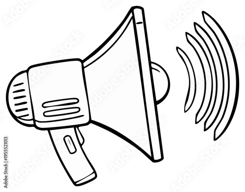 Cartoon line art illustration of a megaphone broadcasting sound waves for announcements.