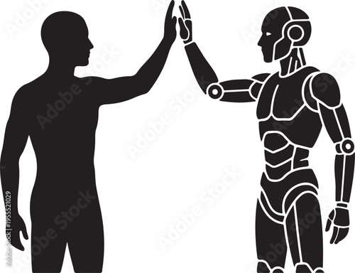 Human and robot high five, representing technology and human collaboration, artificial intelligence