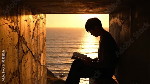 Sunset Reading Silhouette in Coastal Tunnel Reading Scene