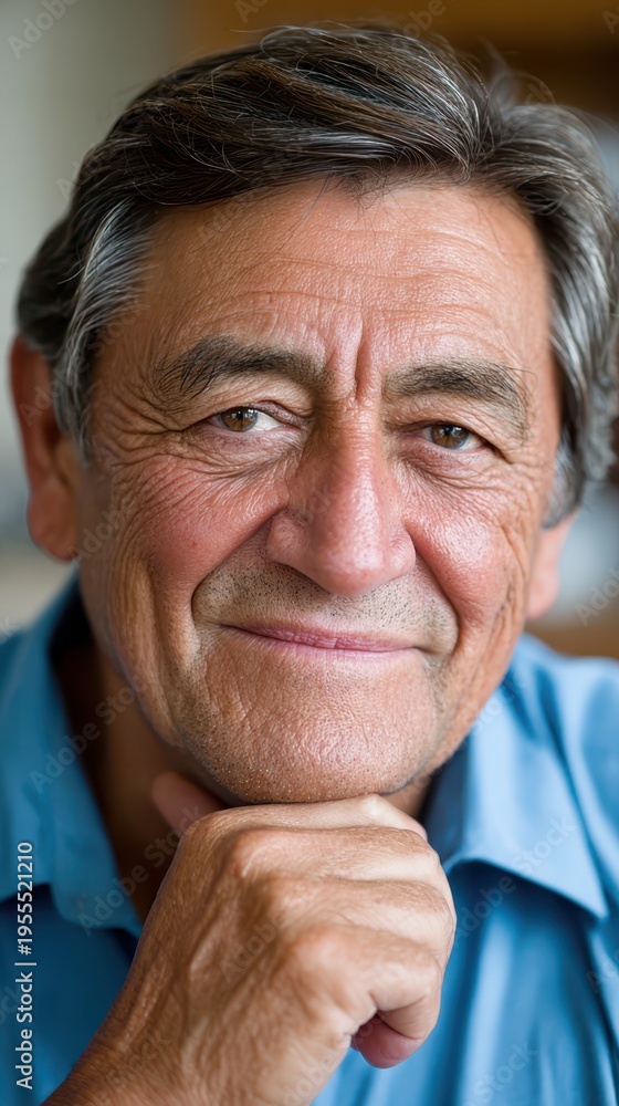 Fototapeta premium Older man with brown eyes and grey hair smiles warmly, resting his chin on his fist. He wears a blue shirt in an indoor daytime setting, looking thoughtfully forward