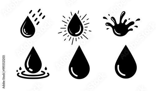 Water Drop and Splash Icon Set with Liquid Shapes, Ripple Effect, Rain Droplets, and Fluid Symbols for Hydration, Weather, and Environmental Design
