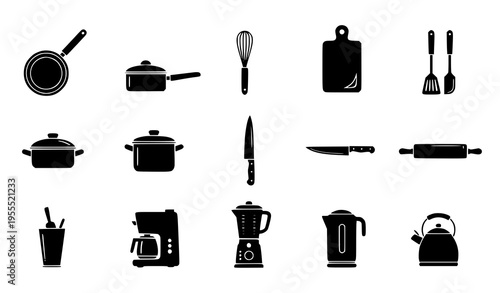 Kitchen Utensils and Cooking Appliances Icon Set with Pots, Pan, Knife, Blender, Kettle, Coffee Maker, and Tools for Culinary and Food Preparation Design