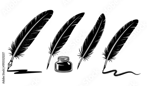 Feather Quill Pen Icon Set with Ink Bottle and Writing Stroke for Calligraphy, Vintage Writing Tools, Signature, and Elegant Design Elements