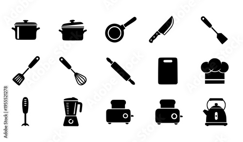 Kitchen Cooking Equipment and Utensils Icon Set with Pots, Pans, Knife, Blender, Toaster, Coffee Maker, and Tools for Culinary and Food Preparation Design
