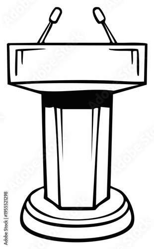 Bold outline of a podium with two microphones for a presentation or speech in black and white