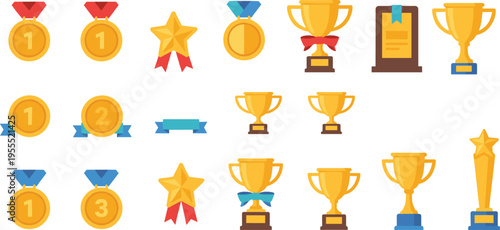 Cartoon award icon illustration with medals, trophies, ribbons, stars, and plaques for achievement and recognition design