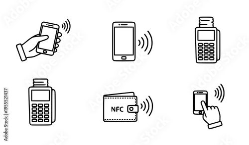 Contactless Payment Icon Set with NFC Technology, Smartphone Tap to Pay, POS Terminal, and Wireless Transaction Symbols for Fintech and Digital Banking Design