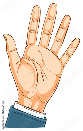 Vector illustration of an open human hand displaying five extended fingers, palm facing forward, with a formal sleeve.