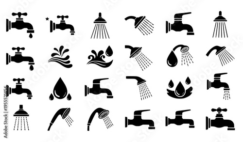Water Faucet and Shower Icon Set with Tap, Spray, and Droplet Symbols for Plumbing Systems, Bathroom Design, Hygiene Concepts, and Household Utility Graphics