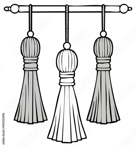 A classic black and white illustration of three elegant tassels hanging from a decorative rod for interior design
