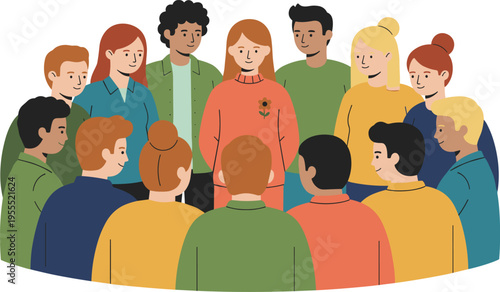 Cartoon community teamwork illustration with diverse people in semi-circle formation symbolizing collaboration and social interaction