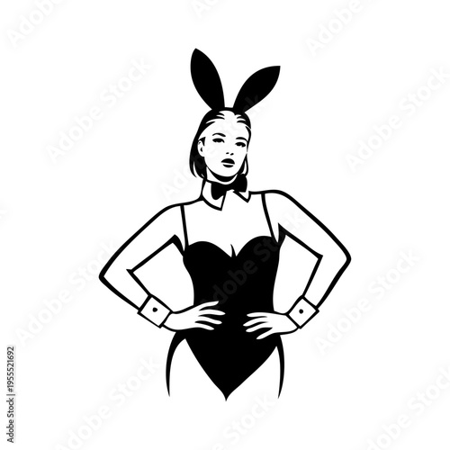 Logotipo modelo sexy de Playboy. Dibujo sencillo de una chica con disfraz de conejita para fiesta de Halloween o Pascua 