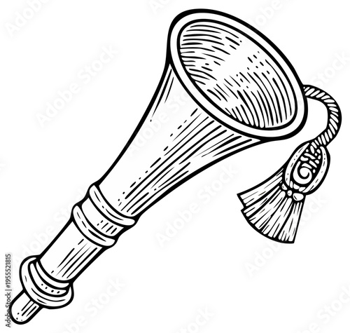 Engraved illustration of a Victorian style bugle musical instrument with tassel.