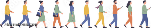 Cartoon walking people illustration with diverse clothing styles and smartphone usage for lifestyle design