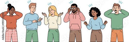 Cartoon stressed people illustration with anxiety, frustration, confusion, and emotional reactions for mental health design