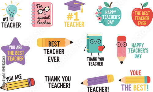 Cartoon teacher appreciation illustration with light bulbs, notebooks, graduation caps, apples, stars, and thank you messages