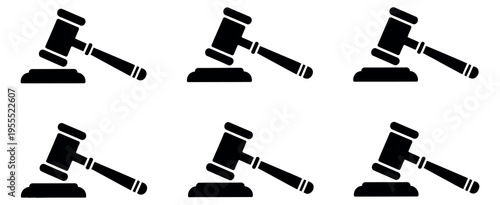 Minimalist black judge gavel icon set featuring hammer of justice silhouettes, representing law, legal system, courtroom, and judicial authority, vector illustration