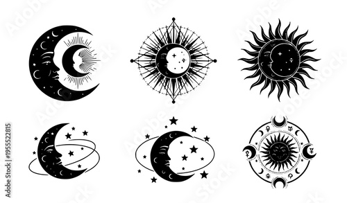 Sun and Moon Decorative Icon Set with Celestial Symbols, Cosmic Elements, and Mystical Astrology Designs for Spiritual, Esoteric, and Universe Illustration