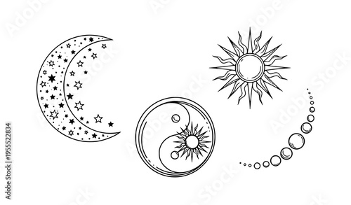 Celestial Line Icon Set with Moon Phases, Sun Symbols, and Yin Yang Elements for Astrology, Spiritual Design, Cosmic Illustration, and Esoteric Concepts