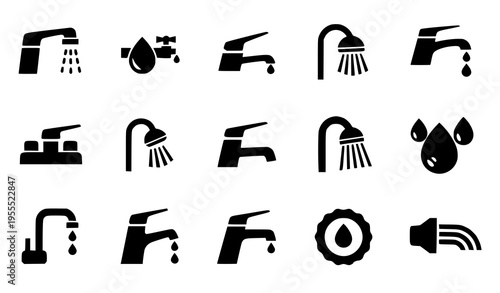 Water Tap and Shower Icon Collection with Faucet, Droplet, and Spray Symbols for Plumbing, Bathroom, Hygiene, and Household Utility Design Elements