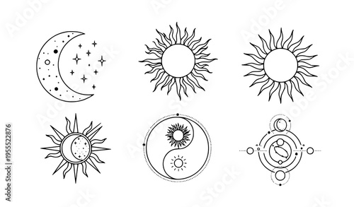 Sun, Moon, and Celestial Symbol Icon Set with Cosmic Elements, Astrology Signs, and Spiritual Universe Illustrations for Mystical, Esoteric, and Astronomy Design