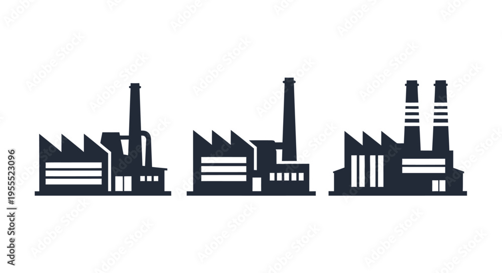 Fototapeta premium Industrial Factory Icons Set: Vector Silhouettes of Manufacturing Plants and Power Stations Isolated on White Background