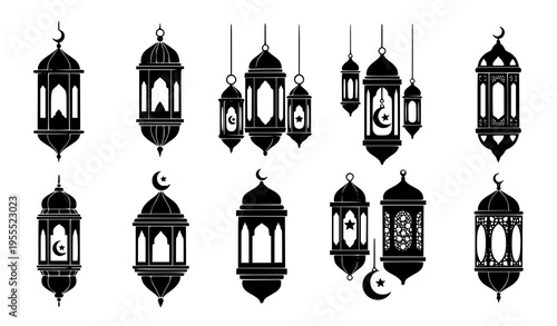 Islamic Lantern Silhouette Icon Set with Hanging Arabic Lamps and Crescent Moon Elements for Ramadan, Eid Celebration, Festive Decoration, and Cultural Design