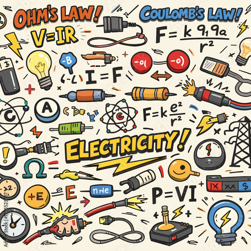 Vibrant Electricity Physics Doodle Pattern with Ohm's Law, Coulomb's Law and Energetic Icons – Fun Cartoon Educational Illustration