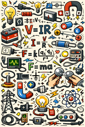 Colorful Physics Doodle Pattern with Ohm's Law, Coulomb's Law, Magnets and Electric Icons – Fun Educational Illustration