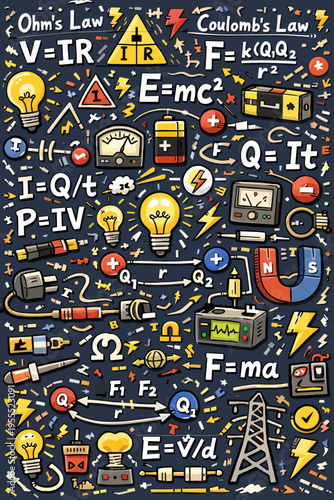 Physics Doodle Pattern with Ohm's Law, Coulomb's Law, E=mc² and Electric Icons – Educational Dark Background Illustration