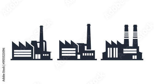 Industrial Factory Icons Set: Vector Silhouettes of Manufacturing Plants and Power Stations Isolated on White Background