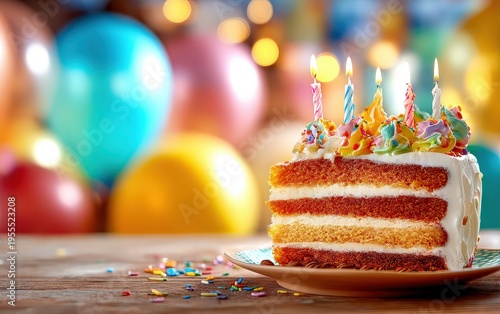 Delicious Birthday Cake Slice with Candles and Party Balloons