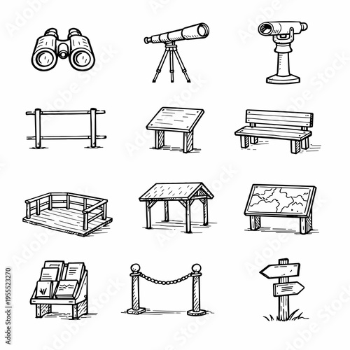 National Park Trail Icons Set – Binoculars Telescope Bench Viewpoint Signpost Map Vector Line Art