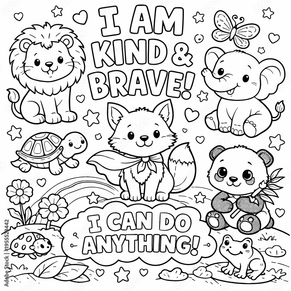 Fototapeta premium Positive Affirmations Coloring Page – Cute Animals 