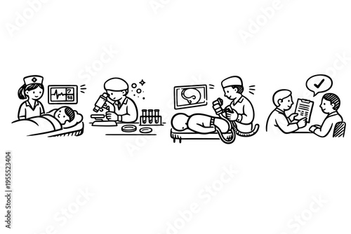 Medical Examination and Doctor Visit – Black and White Line Icons Set