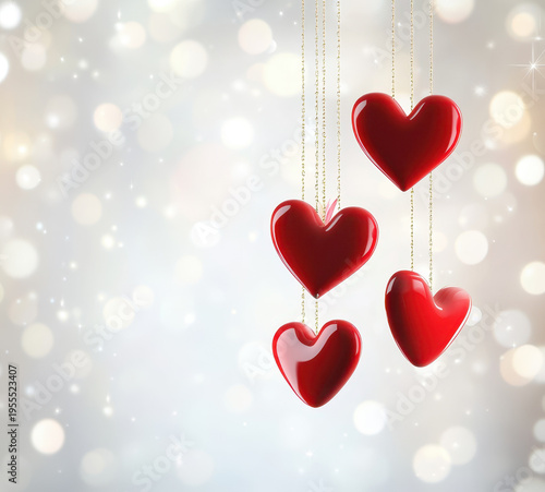 Valentine love romantic heart shiny decoration red holiday background bokeh hanging red heart decoration soft bokeh background conveying romance and affection for valentine holiday card or wedding